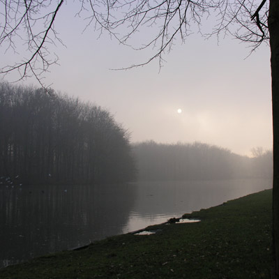 Manon kijkt tevreden naar het in lichte mist gehulde landschap