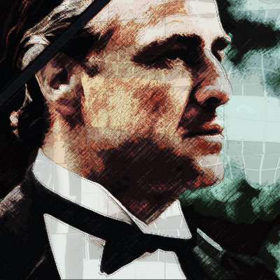 Achter een van de ramen hangt een poster van Marlon Brando in zijn rol als Don Corleone in The Godfather 